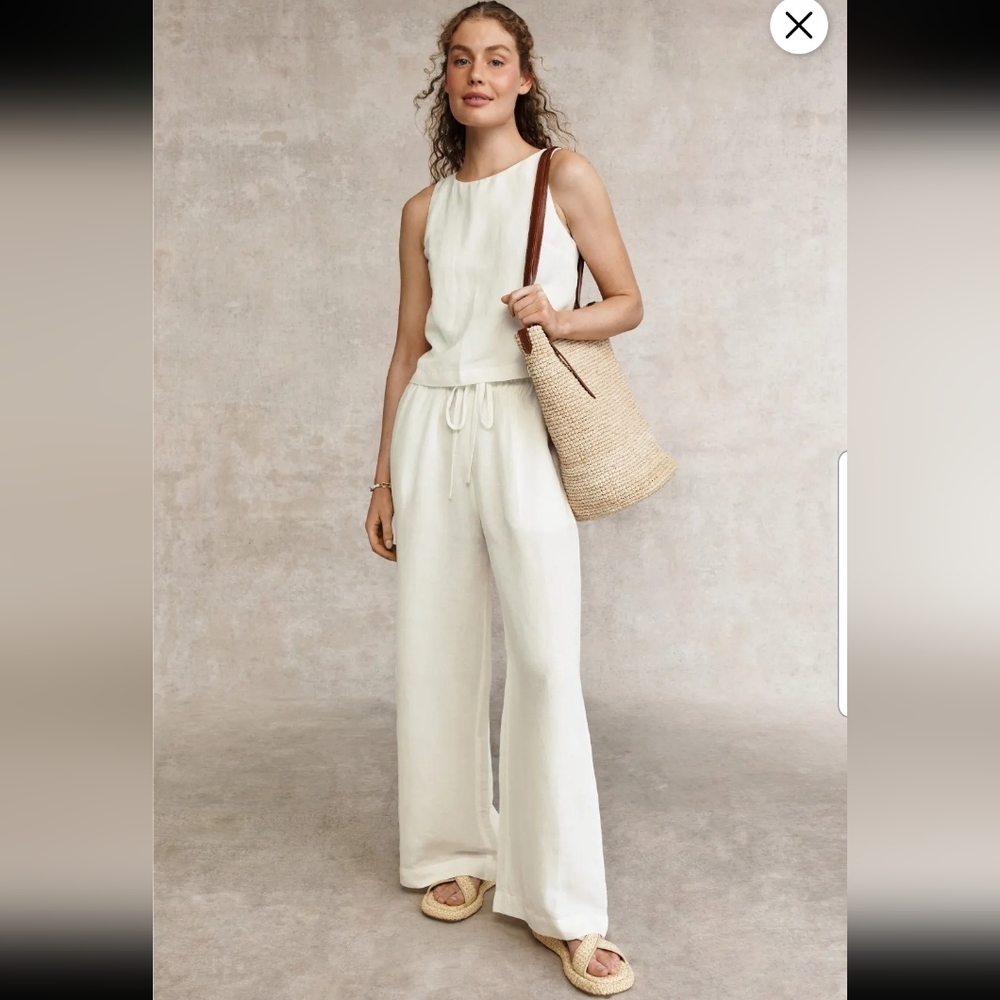 French Connection Birdie White Linen Flowy Wide Leg Pants Size M